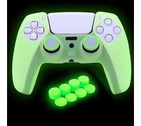 HLRAO -Verde Glow in the dark Cover protettiva antiscivolo compatibile con controller PS5/Slim/Pro, Include 8 pezzi di impugnature per il pollice Green Glow e 2 accessori Glow Grips.