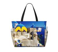 HLSBSSL Questa borsa da viaggio da spiaggia stampata con vista sul mare dell'isola greca di Santorini può essere utilizzata per lo shopping, l'esercizio fisico o il lavoro