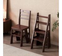Hltdzer 2-In-1 Sedia Scala Convertibile in Legno Massello, Sgabello Retrò | Pieghevole a 4 Gradini con Schienale, Sedia Scala Domestica Portatile per Casa