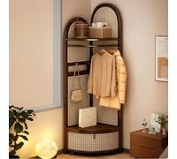 Hltdzer Appendiabiti Tripode Angolare in Bambù e Rattan a Tre Livelli, Scaffale Stretto per Spazi Ridotti, Ripiano Espositivo Aperto per Camera da Letto(Walnut color-B)