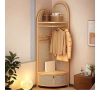 Hltdzer Appendiabiti Tripode Angolare in Bambù e Rattan a Tre Livelli, Scaffale Stretto per Spazi Ridotti, Ripiano Espositivo Aperto per Camera da Letto(Natural wood color-B)