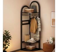 Hltdzer Appendiabiti Tripode Angolare in Bambù e Rattan a Tre Livelli, Scaffale Stretto per Spazi Ridotti, Ripiano Espositivo Aperto per Camera da Letto(Black-A)