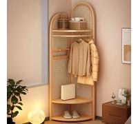 Hltdzer Appendiabiti Tripode Angolare in Bambù e Rattan a Tre Livelli, Scaffale Stretto per Spazi Ridotti, Ripiano Espositivo Aperto per Camera da Letto(Natural wood color-A)