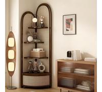 Hltdzer Libreria Angolare Originale in Bambù e Rattan a Quattro Ripiani, Mobile Triangolare Autoportante Multifunzionale, Mensola Espositiva Aperta(Walnut color)