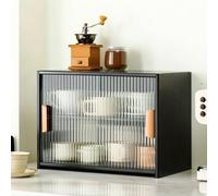 Hltdzer Naturale Mobiletto in Bamboo con Ante Scorrevoli in Acrilico, Organizzatore Desktop per Cucina e Bagno, Vetrinetta da Appoggio per Spezie e Cosmetici(Black,55 * 28 * 34cm/21.7 * 11 * 13.4in)