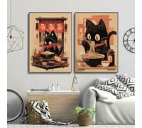 HLYEHDIAD - 2 stampe artistiche su tela in stile retrò giapponese, motivo gatto che mangia tagliatelle, arte artistica da parete classica a tema ramen, decorazione da parete per cucina e camera da