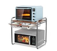 HMAKGG Mensola Microonde 2 Livelli, Supporto per Microonde con Cassetto, Ripiani Legno, Carico Pesante 20kg, Ripiano Salvaspazio Cucina in Acciaio Carbonio, 49 * 35 * 48 CM, Cromo