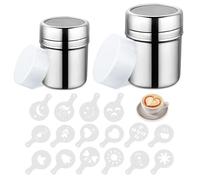 HMCEY 2 Pezzi Spargi Cacao in Polvere in Acciaio Inox,Spargi Zucchero A Velo con Tappo,Dosatore Cacao per Cappuccino,Dispenser Zucchero per Caffè con 16 Stampini,Setaccio per Farina Piccolo per Casa