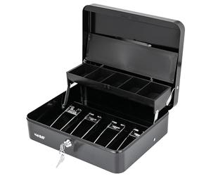 HMF 15230-02 Cassetta portavalori con chiave, cassetta porta soldi, portamonete e 4 scomparti per banconote con clip | 30 x 24 x 9 cm | Nero