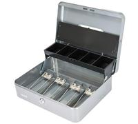 HMF 15230-09 Cassetta portavalori con chiave, cassetta porta soldi, portamonete e 4 scomparti per banconote con clip | 30 x 24 x 9 cm | Argento