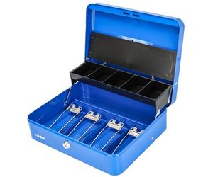 HMF Cassetta di sicurezza per soldi con serratura, cassetta portavalori con inserto portamonete e 4 scomparti per banconote con fermagli | 30 x 24 x 9 cm | Blu