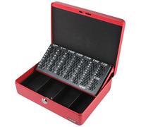 HMF Cassetta di sicurezza per soldi con serratura, cassetta portavalori con vassoio portamonete Euro, 4 scomparti per banconote, schiuma nel coperchio, modello 10015-03, 30 x 24 x 9 cm, Rosso