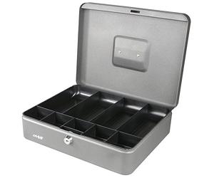 HMF Cassetta Portavalori con Serratura, Cassa per Contanti con 5 Scomparti per Monete e 4 Vassoi per Banconote, 30 x 24 x 9 cm | argento