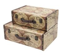 HMF Valigia decorativa vintage in legno, scatola portaoggetti con coperchio e maniglia in pelle, elegante idea regalo per matrimonio o compleanno | Mappa del mondo a colori | Set da 2, 38 + 44 cm