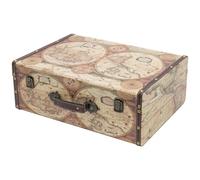 HMF Valigia decorativa vintage in legno, scatola portaoggetti con coperchio e maniglia in pelle, elegante idea regalo per matrimonio o compleanno | Mappa del mondo a colori | 44 x 32 x 16 cm