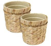 HMF vaso per piante da interno, coprivaso intrecciato in giacinto d'acqua con vaso da interno, rotondo, set da 2, diametro 25 cm, beige