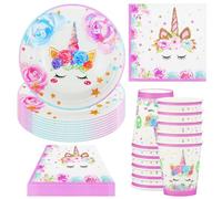 Hmfmdy Set di stoviglie per feste a forma di unicorno, 40 pezzi, decorazione per feste di compleanno, con piatto di carta, tovaglioli, unicorno, per feste di compleanno per bambini, per 10 ospiti