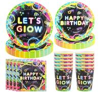 Hmfmdy Set di Stoviglie per Feste al Neon Happy Birthday, 50 pezzi di Decorazioni Colorate per Feste Luminose, stoviglie per Compleanno Luce Nera, Piatti, Bicchieri e Tovaglioli di Carta - 10 ospiti