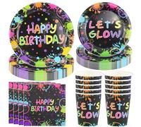 Hmfmdy Set di Stoviglie per Feste al Neon Happy Birthday, 50 pezzi di Decorazioni Colorate per Feste Luminose, Forniture Stoviglie per Compleanno con Piatti di Carta, Bicchieri e Tovaglioli 10 Ospiti