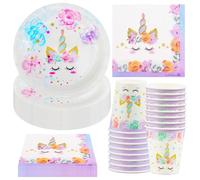 Hmfmdy Set di stoviglie per feste con unicorno, 52 pezzi, decorazione per feste di compleanno, con piatto di carta, tovaglioli, unicorno per feste di compleanno per bambini