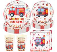 Hmfmdy Stoviglie per Feste a Tema Camion dei Pompieri, 50 Pezzi Decorazioni per Feste, Stoviglie per Compleanno Bambini con Piatti, Bicchieri Tovaglioli Carta - 10 ospiti