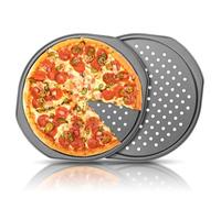HMIEPRS 2 Pezzi 12 Pollici Teglie per Pizza, Teglia per Pizza Rotonda con Fori e Manici, Antiaderente e Forata Teglia Pizza, Teglie per pizza in Acciaio al Carbonio per Cucina, Forno, Cottura, Arrosto