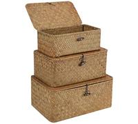 HMIEPRS 3 Pezzi Cestino in Rattan con Coperchio, Cestini da Scaffale in Seagrass Naturale, Scatola Portaoggetti Rettangolare Multiuso Scatole Organizer per Bagno Cucina e Soggiorno