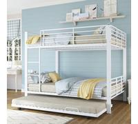 Hmluxury Letto a castello da 140 x 200 cm, struttura in metallo per 3 persone, letto a castello a tre piazze, con sottoletto estraibile, letto per ragazzi e bambini, bianco