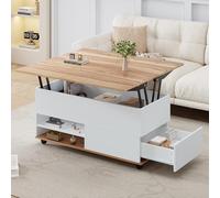 Hmluxury Tavolino da salotto regolabile in altezza con piano di sollevamento idraulico, cassetti e ruote, 100 x 98 x 65 cm, bianco/legno naturale, tavolo da pranzo multifunzione e tavolo da soggiorno