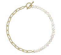 HMOOY Collana con Catena di Perle e Oro 18 Carati - Mezza Catena Placcata, Clip, Maglie Cubane - Gioielli alla Moda per Donna e Uomo