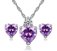 HMOOY Collana Con Pendente In Cristallo A Forma Di Cuore E Orecchini A Bottone Set Di Gioielli In Cristallo Placcato Argento Set Per Anniversario Di Matrimonio Per Donne Ragazze (Purple)