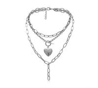 HMOOY Cool Punk Chunky Chain Statement Collana A Forma Di Cuore Photo Locket Pendant Layered Choker Collana Gioielli Per Donne Ragazze (Silver)