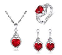 HMOOY Cuore d'amore Rubino Collane Orecchini e Anelli Set di Gioielli, Orecchino Ciondolo a Forma di Cuore con Zirconia Cubica, Set di Rubino Gioielli per Donne, Cristallo, Zirconia cubica