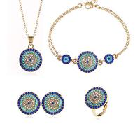 HMOOY Lucky Round Evil Eye - Set di gioielli turchi Hamsa blu cubico zircone cristallo vil occhio di fascino collana anello bracciale e orecchini set per ragazze donne, Cristallo, Zaffiro sintetico