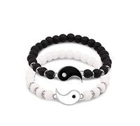 HMOOY Migliori Amici Bracciali per 2, Braccialetto Coppia Amici Yin Yang Abbinato Bracciale Perline Yin Yang Regolabile Braccialetto Lunga Distanza Amicizia Gioielli per Coppia (Argento)