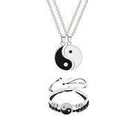 HMOOY Yin Yang Collana Bracciale Set per Coppia, Collane Bracciali Migliori Amici per 2 Bracciale Cordino Regolabile Yin Yang Abbinata Collana Ciondolo Yin Yang per Fidanzato Fidanzata (Argento)