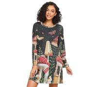 HMZXZ Camicia da notte da donna a maniche lunghe, con fungo rosso e luna, abbigliamento da notte con fungo floreale, Multi, L