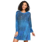 HMZXZ Camicia da notte da donna, a maniche lunghe, con motivo magico universo e stelle, abbigliamento da notte per il tempo libero, colore: blu galassia, Multi, L
