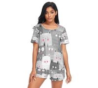 HMZXZ Set pigiama da donna con motivo gatto animale, abbigliamento estivo da notte, abbigliamento da notte, pantaloncini grigi, set da salotto per donne e ragazze, Multi, L