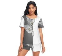 HMZXZ Set pigiama da donna divertente gatto nero bianco estate pigiameria abbigliamento da notte loungewear carino gattino pantaloncini lounge set per donne ragazze, Multi, L
