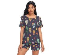 HMZXZ Set pigiama da donna messicano con teschio di zucchero cactus, abbigliamento da notte estivo, abbigliamento da notte, pantaloncini per il giorno dei morti, set da salotto per donne e ragazze,