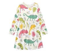 HMZXZ Vestito da ragazza carino camaleonte a maniche lunghe abito traspirante per vacanze scolastiche abbigliamento casual foglie, Multi, 5-6 Anni