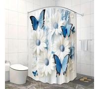 HNBFKD Elegante tenda da doccia con farfalle e margherite blu, splendido arredo per il bagno, tessuto in poliestere, tenda per vasca da bagno 90x180cm/(WxH)