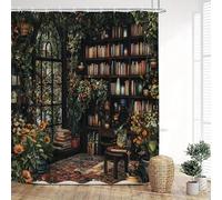 HNBFKD Tenda da doccia angolare Whimsical Library - Verde e fiori, finestra illuminata dal sole, poliestere, tenda da bagno lavabile 90x200cm/(WxH)