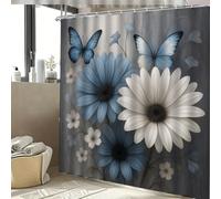 HNBFKD Tenda da doccia con farfalle floreali - con ganci, vivaci margherite blu e bianche con farfalle blu per la decorazione del bagno 180x220cm/(WxH)