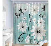 HNBFKD Tenda da doccia floreale vintage con sfondo verde acqua, margherite bianche, farfalle e decorazioni per il bagno con 12 ganci 180x180cm/(WxH)