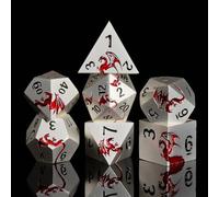 HNCCESG - Set di dadi in metallo poliedrici, 7 pezzi, drago, metallizzati, per giochi di ruolo da tavolo come Dungeons e Dragon RPG (argento opaco e rosso)