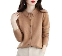 Hndudnff Cardigan da donna a maniche lunghe in lana merino, a girocollo, per tutte le stagioni, Lighttan dorato, M