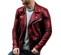 Hndudnff Giacca da Uomo in Pelle PU con Colletto alla Coreana Giacca da Motociclista Punk Tinta Unita con Risvolto Capispalla Red M