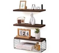 HNFNGSZL Set di 3+1 Mensole da Parete in Legno, Scaffali a Muro Multiuso, Staffe e Cestino in Metallo, Scaffalatura per Camera da Letto, Soggiorno, Cucina, Bagno, Libreria, Salvaspazio